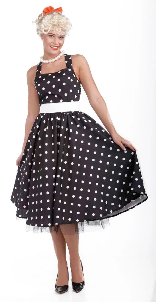50's Black & White Dot Dress Costume w/ Crinoline Adult