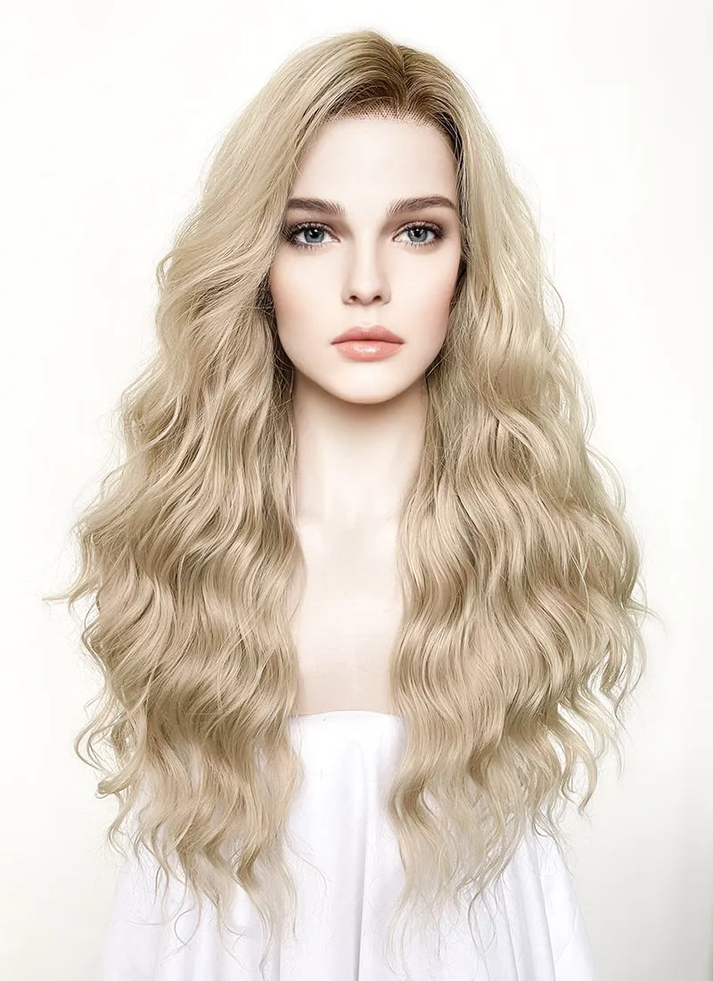 Long Wavy Ash Blonde With Brown Roots Lace Front Synthetic Hair Wig LFK5501