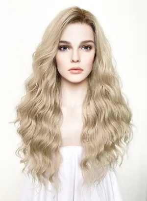 Long Wavy Ash Blonde With Brown Roots Lace Front Synthetic Hair Wig LFK5501
