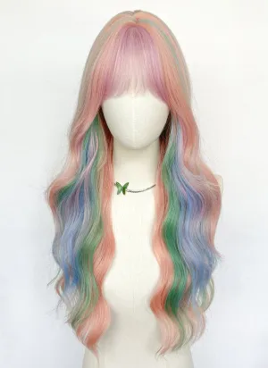 My Little Pony Princess Celestia Long Wavy Pink Rainbow Color Cosplay Wig NS550