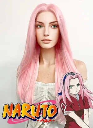 Naruto Haruno Sakura Long Straight Pink Pastel Lace Front Synthetic Hair Wig LF026A