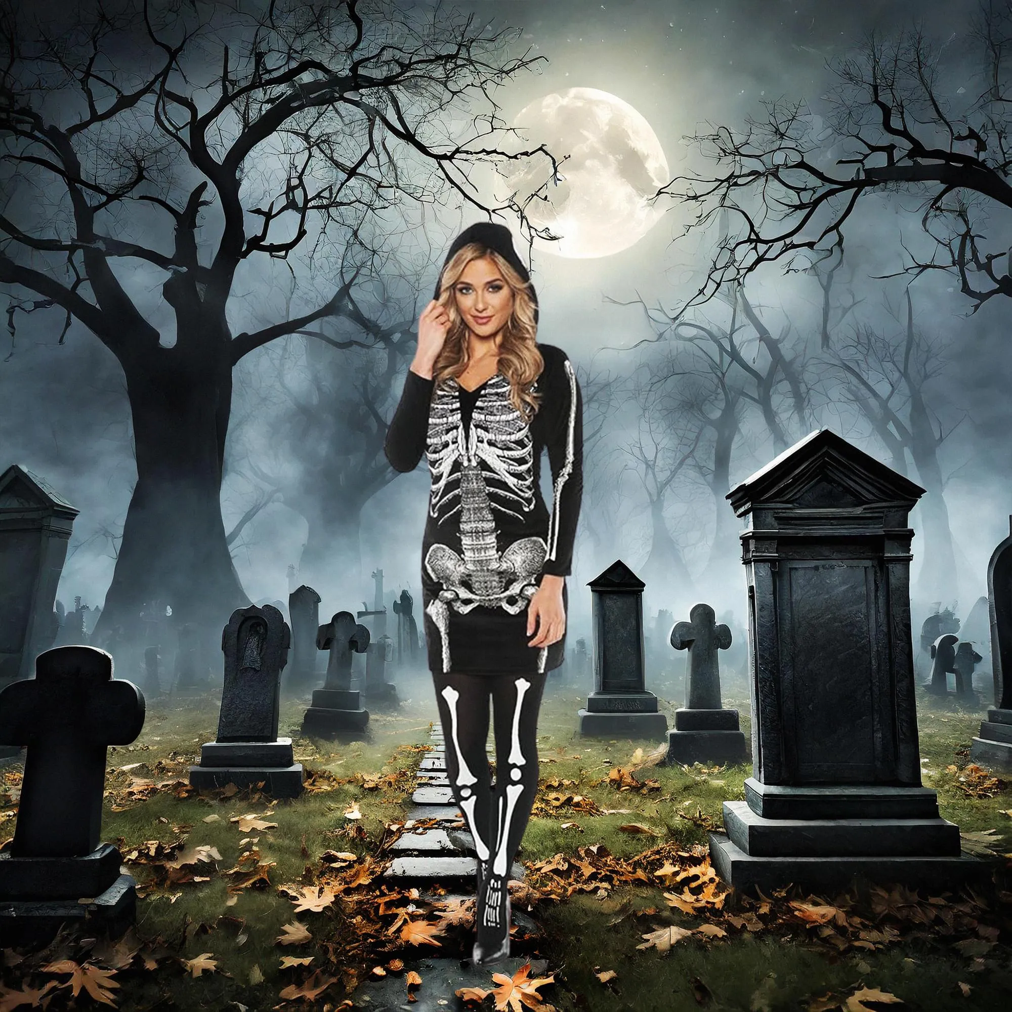 Women's Skeletal Hoodie Dress Costume