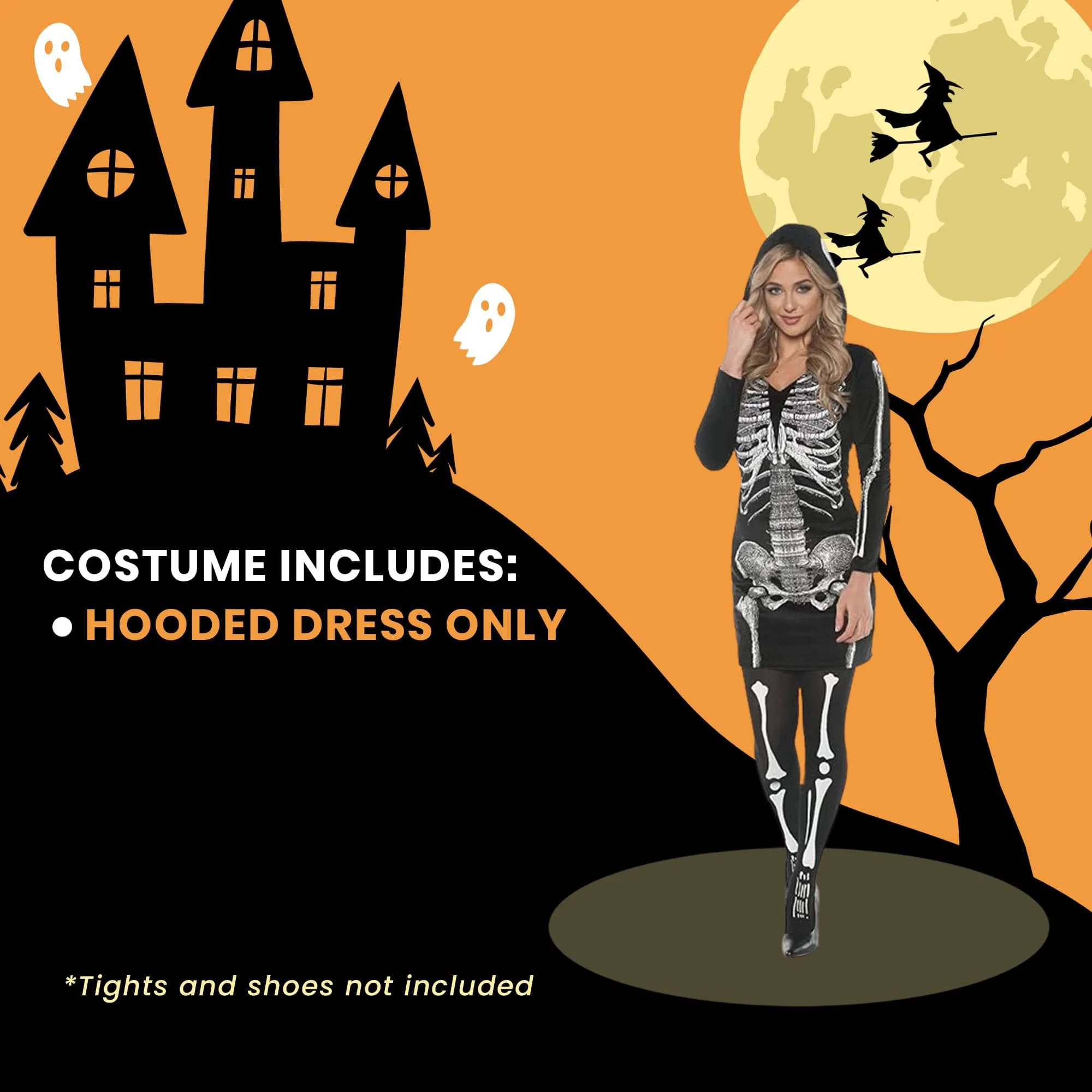 Women's Skeletal Hoodie Dress Costume