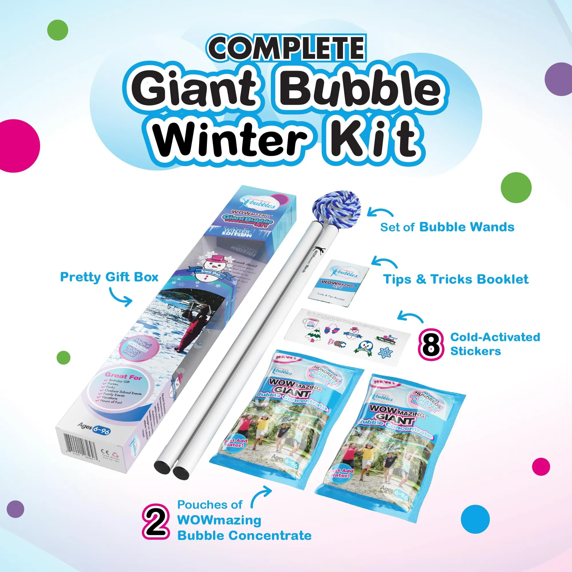 WOWmazing Winter Giant Bubble Kit | Wand   2 Packets Bubble Concentrate   8 Stickers